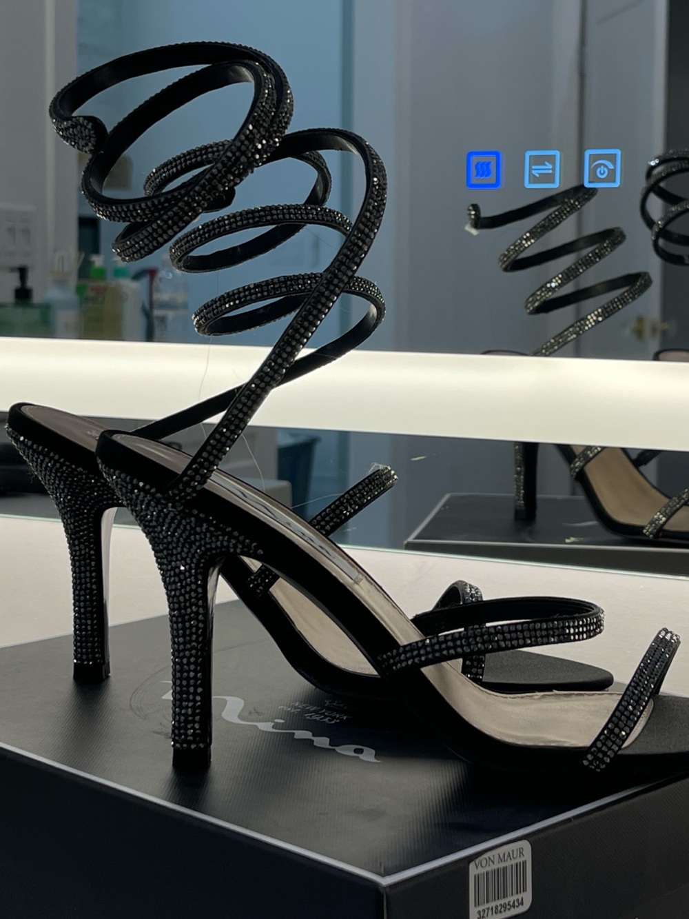 Nina New York Leather Black Spiral-Strap Rhinestone Heels